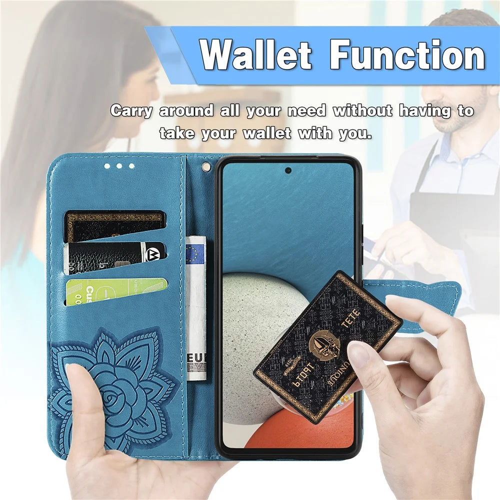 For Samsung Galaxy A53 5G Imprinted Butterfly Flower Pattern Leather Case Full-Body Protective Stand Wallet Phone Cover with Strap - Blue - 6