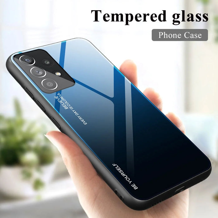 For Samsung Galaxy A33 5G Drop-proof Anti-scratch Gradient Tempered Glass Protective Cover TPU Frame Cell Phone Case - Blue/Black - 3