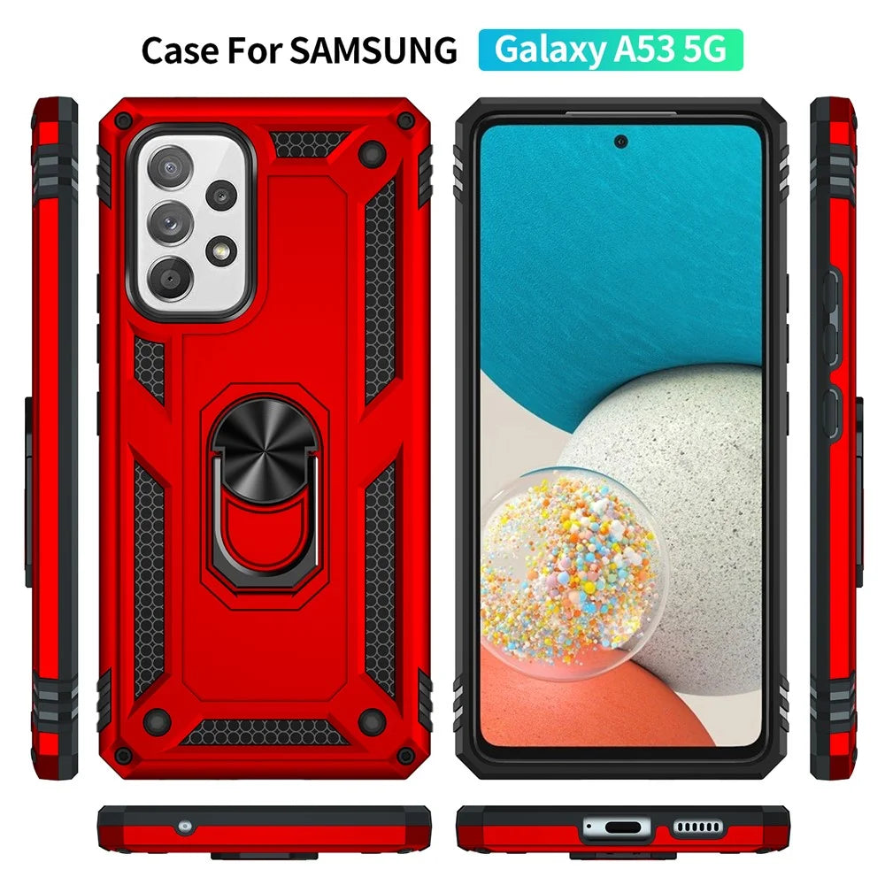 For Samsung Galaxy A53 5G PC + TPU Hybrid Phone Case with Ring Kickstand Built-in Magnetic Metal Plate - Red - 3