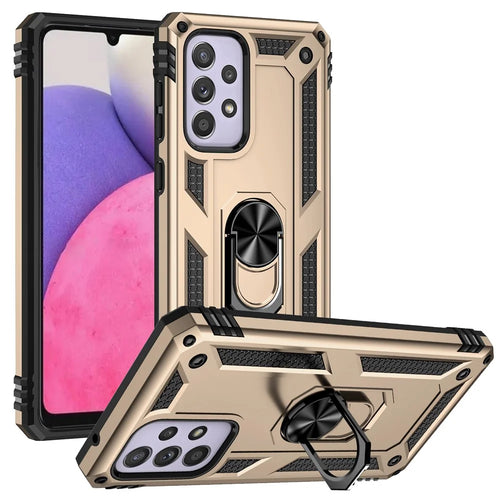 For Samsung Galaxy A33 5G Military Grade Drop-Proof Hybrid Phone Case with Integrated Ring Kickstand - Gold - 1