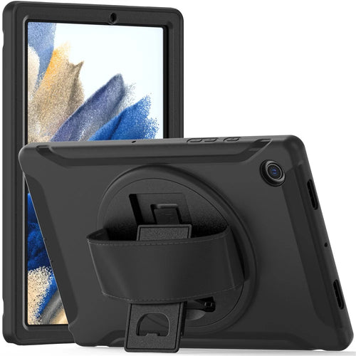 For Samsung Galaxy Tab A8 10.5 (2021) / A8 10.5 (2022) X200 / X205 PC + Silicone Tablet Case Rotary Kickstand Hand Strap Protective Cover - Black - 1