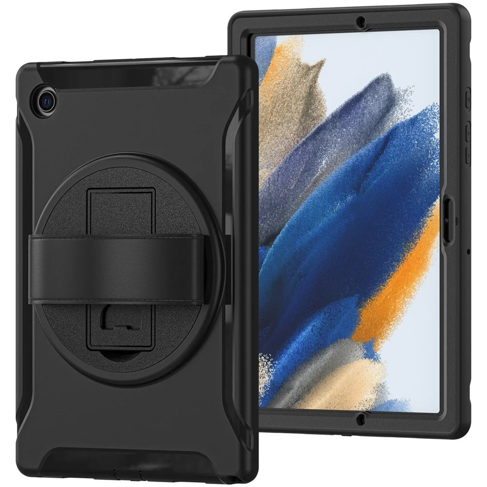 For Samsung Galaxy Tab A8 10.5 (2021) / A8 10.5 (2022) X200 / X205 PC + Silicone Tablet Case Rotary Kickstand Hand Strap Protective Cover - Black - 2