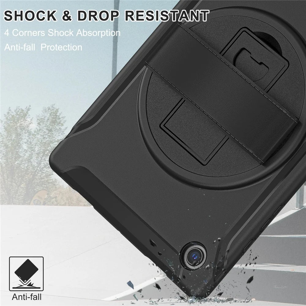 For Samsung Galaxy Tab A8 10.5 (2021) / A8 10.5 (2022) X200 / X205 PC + Silicone Tablet Case Rotary Kickstand Hand Strap Protective Cover - Black - 3
