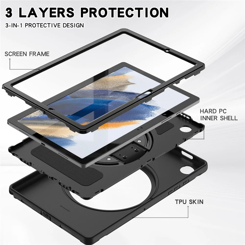 For Samsung Galaxy Tab A8 10.5 (2021) / A8 10.5 (2022) X200 / X205 PC + Silicone Tablet Case Rotary Kickstand Hand Strap Protective Cover - Black - 4