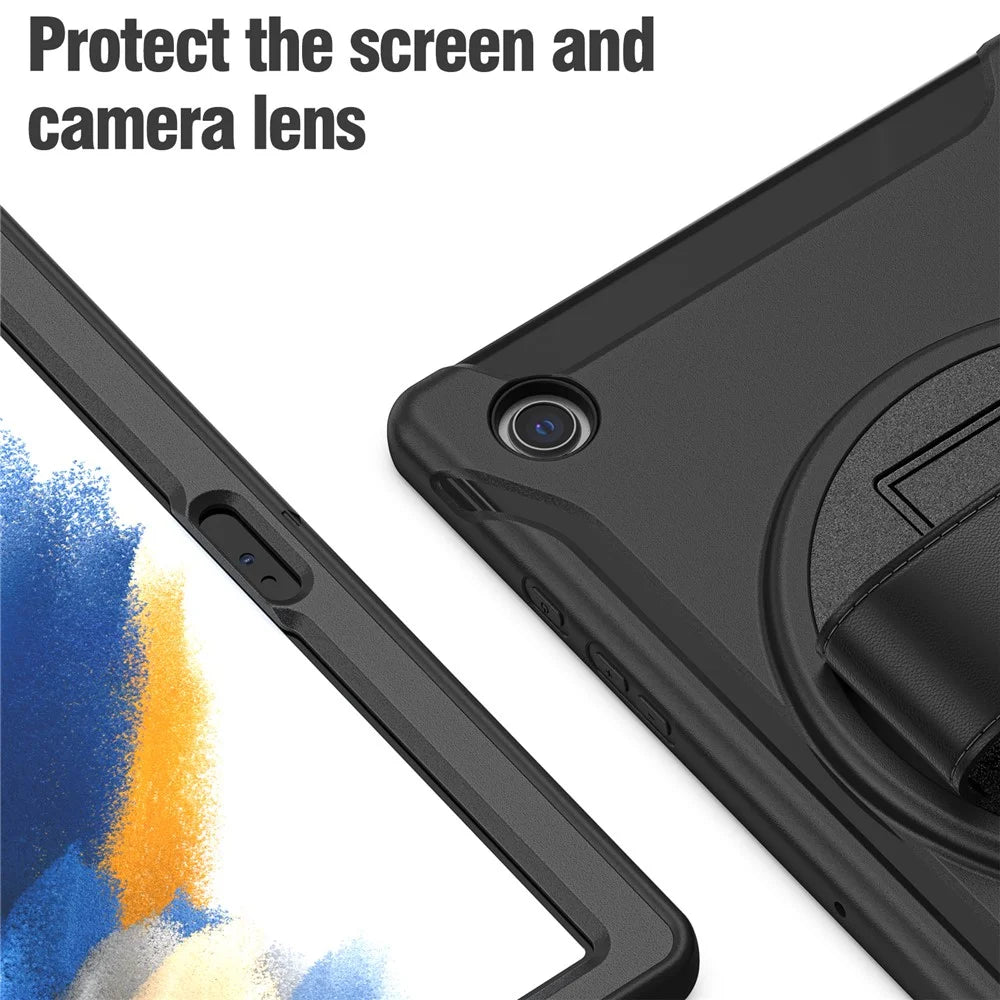 For Samsung Galaxy Tab A8 10.5 (2021) / A8 10.5 (2022) X200 / X205 PC + Silicone Tablet Case Rotary Kickstand Hand Strap Protective Cover - Black - 7