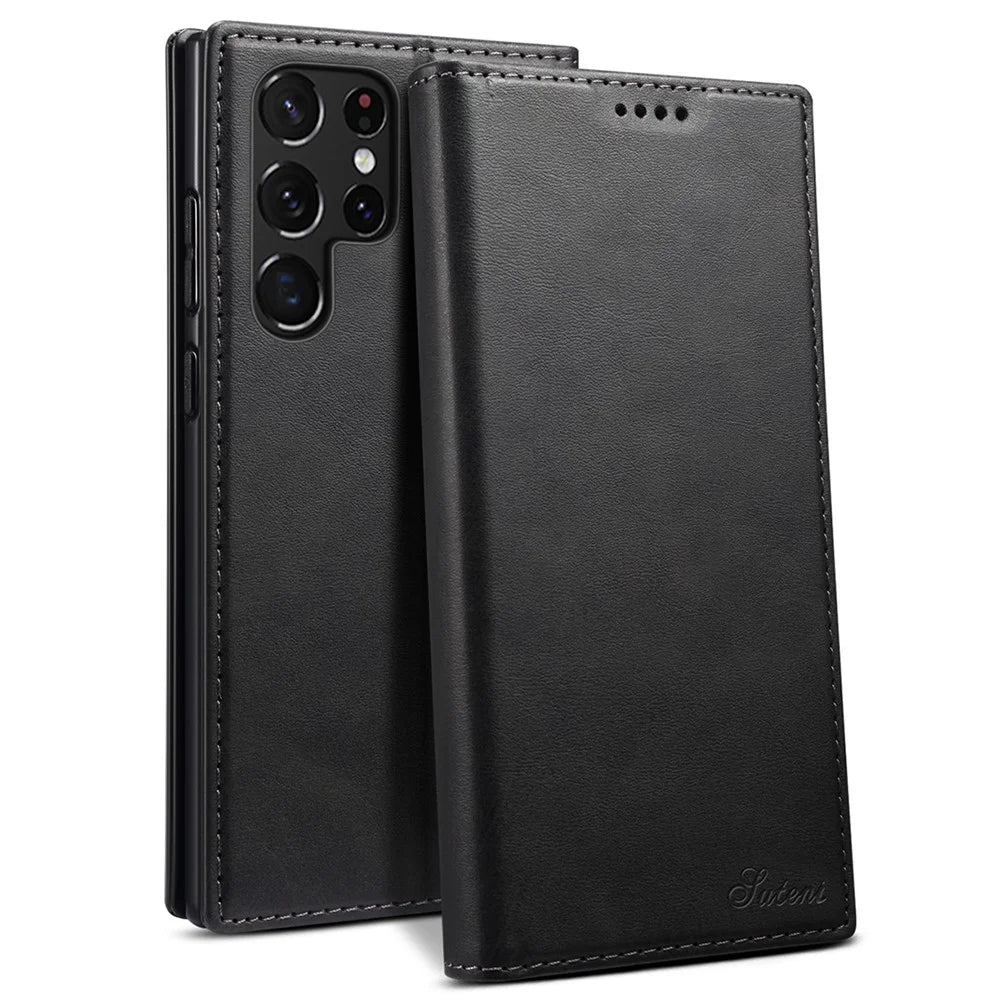 SUTENI for Samsung Galaxy S22 Ultra 5G Shockproof Auto-absorbed Magnetic Stand Wallet Leather Well-protected Phone Case Cover - Black - 1
