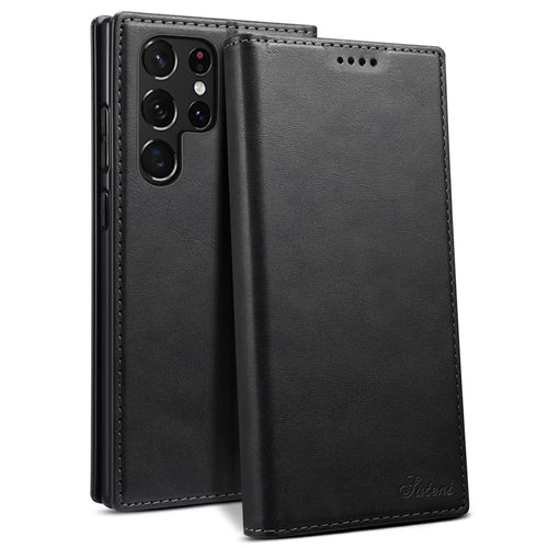 SUTENI for Samsung Galaxy S22 Ultra 5G Shockproof Auto-absorbed Magnetic Stand Wallet Leather Well-protected Phone Case Cover - Black - 1