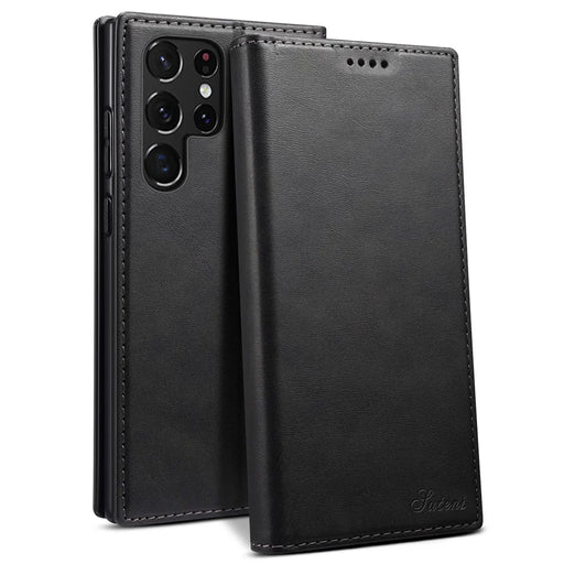 SUTENI for Samsung Galaxy S22 Ultra 5G Shockproof Auto-absorbed Magnetic Stand Wallet Leather Well-protected Phone Case Cover - Black - 1