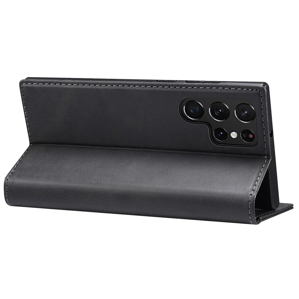 SUTENI for Samsung Galaxy S22 Ultra 5G Shockproof Auto-absorbed Magnetic Stand Wallet Leather Well-protected Phone Case Cover - Black - 2