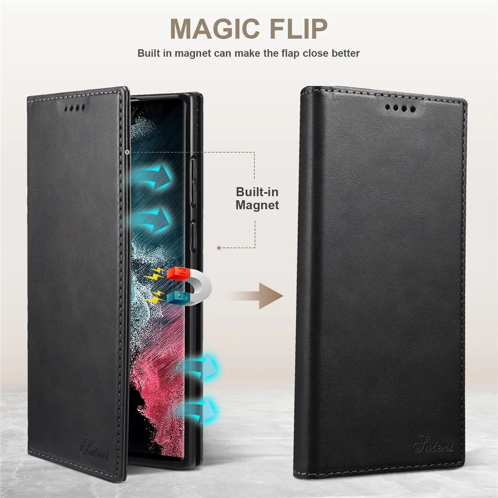 SUTENI for Samsung Galaxy S22 Ultra 5G Shockproof Auto-absorbed Magnetic Stand Wallet Leather Well-protected Phone Case Cover - Black - 3