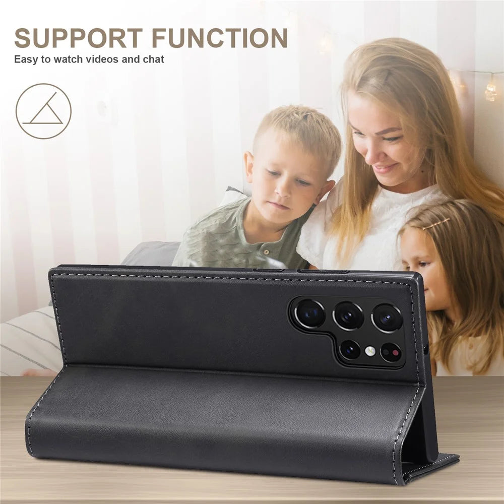 SUTENI for Samsung Galaxy S22 Ultra 5G Shockproof Auto-absorbed Magnetic Stand Wallet Leather Well-protected Phone Case Cover - Black - 5