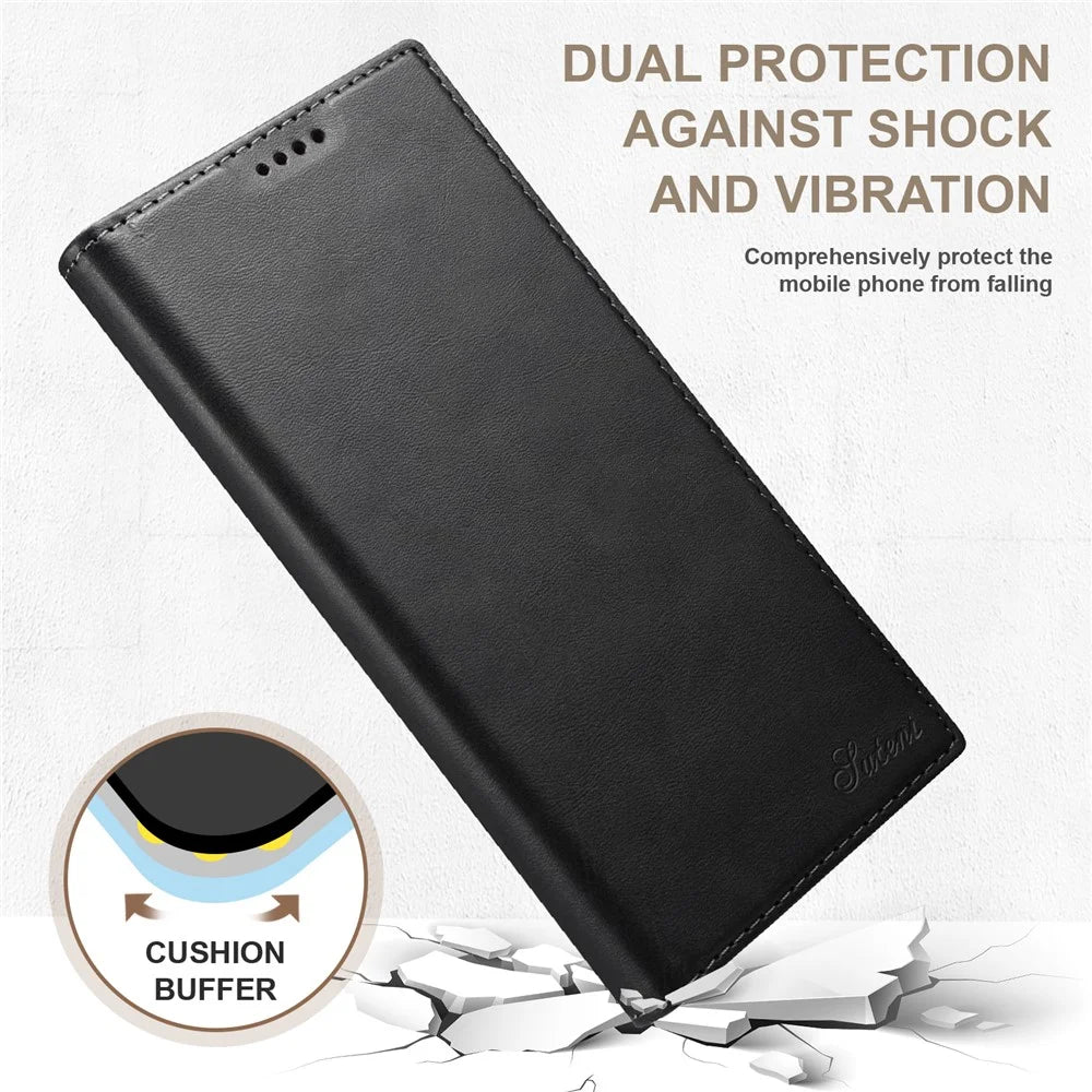 SUTENI for Samsung Galaxy S22 Ultra 5G Shockproof Auto-absorbed Magnetic Stand Wallet Leather Well-protected Phone Case Cover - Black - 6