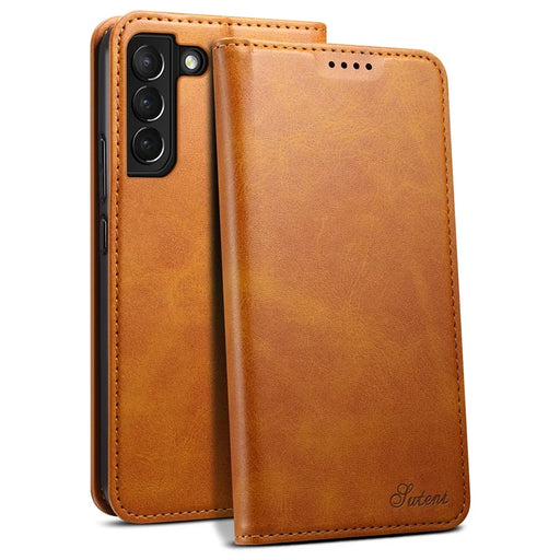 SUTENI for Samsung Galaxy S22 5G Auto-absorbed Magnetic Drop-proof Stand Wallet Leather Case Phone Cover - Khaki - 1