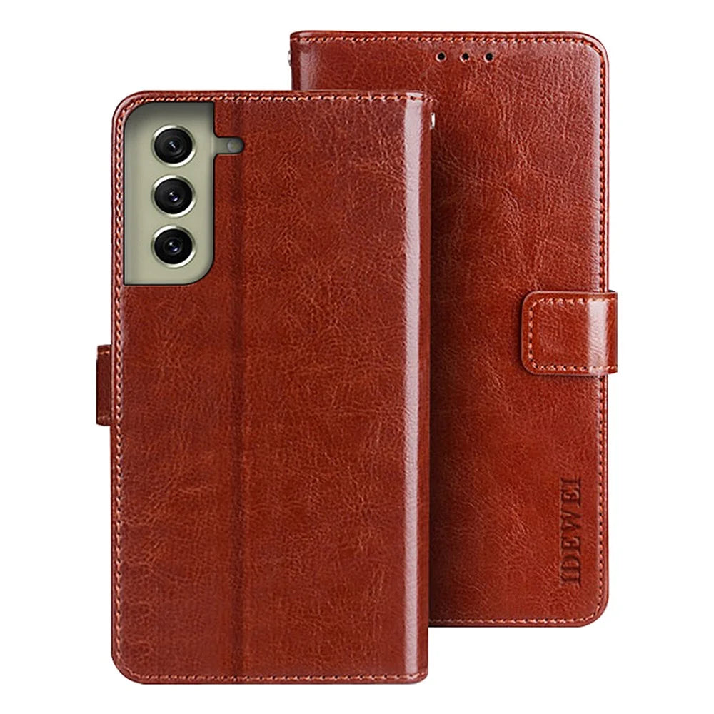 IDEWEI for Samsung Galaxy S21 FE 5G Shockproof Crazy Horse Texture Protective Cover PU Leather + TPU Stand Wallet Phone Case - Brown - 1