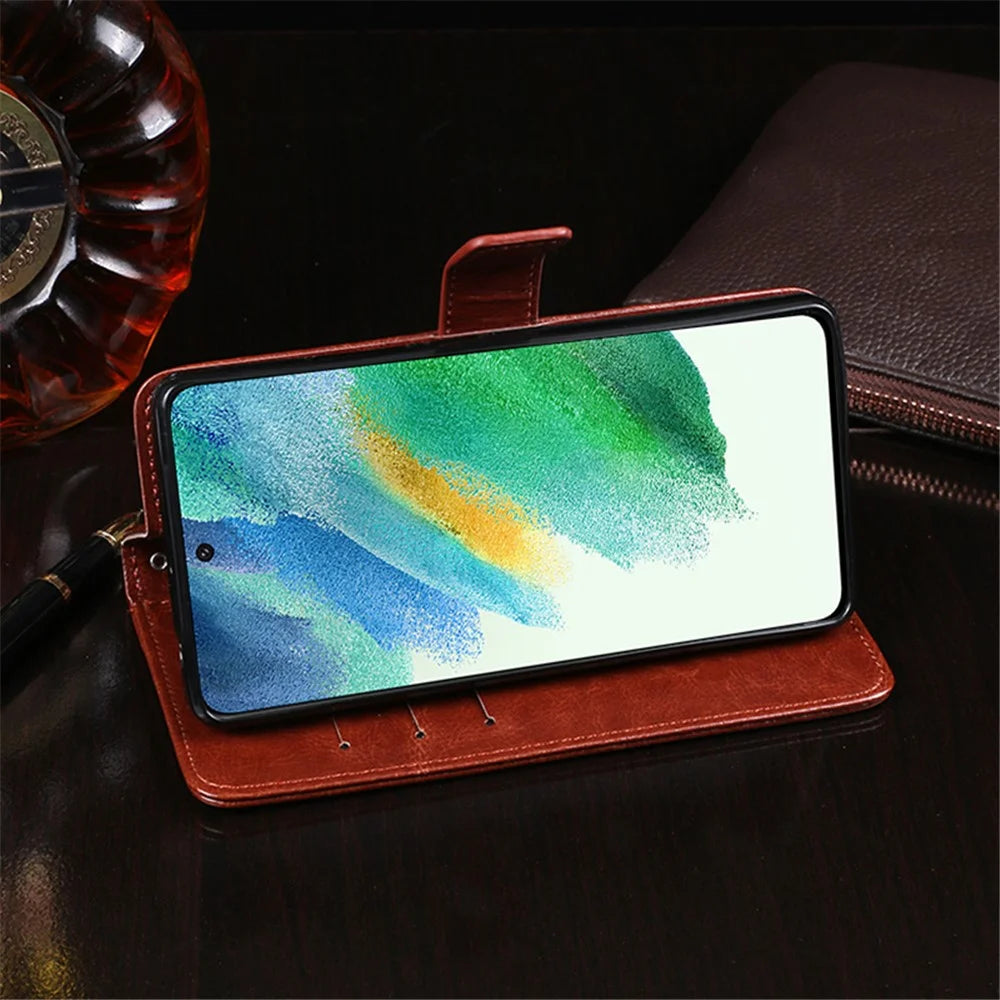 IDEWEI for Samsung Galaxy S21 FE 5G Shockproof Crazy Horse Texture Protective Cover PU Leather + TPU Stand Wallet Phone Case - Brown - 3