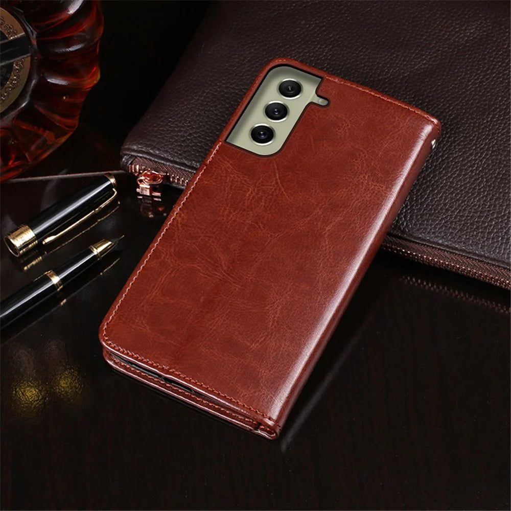 IDEWEI for Samsung Galaxy S21 FE 5G Shockproof Crazy Horse Texture Protective Cover PU Leather + TPU Stand Wallet Phone Case - Brown - 5