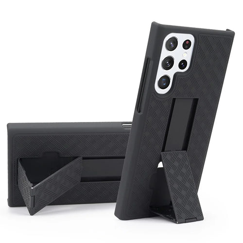 Woven Texture Belt Clip Kickstand Phone Case for Samsung Galaxy S22 Ultra 5G, PC + TPU Hybrid Shell with Sliding Cover - 1