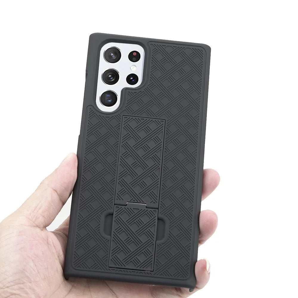 Woven Texture Belt Clip Kickstand Phone Case for Samsung Galaxy S22 Ultra 5G, PC + TPU Hybrid Shell with Sliding Cover - 4