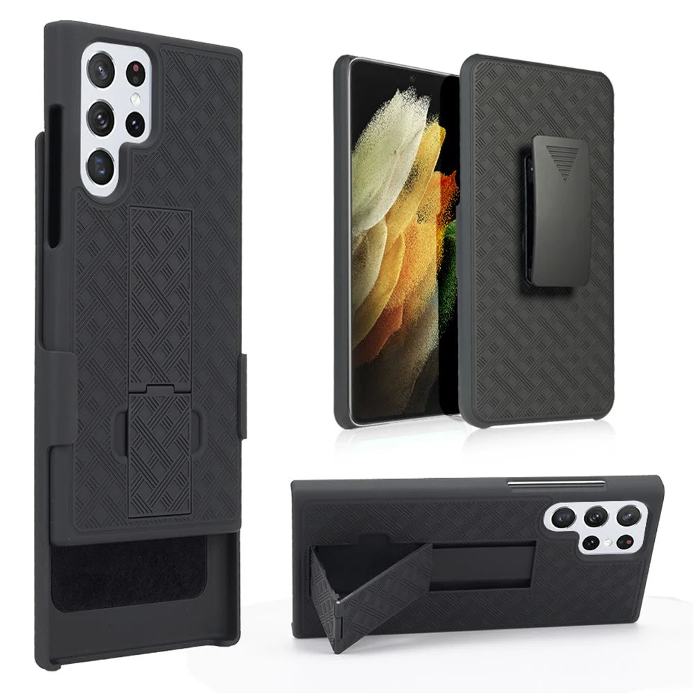 Woven Texture Belt Clip Kickstand Phone Case for Samsung Galaxy S22 Ultra 5G, PC + TPU Hybrid Shell with Sliding Cover - 5