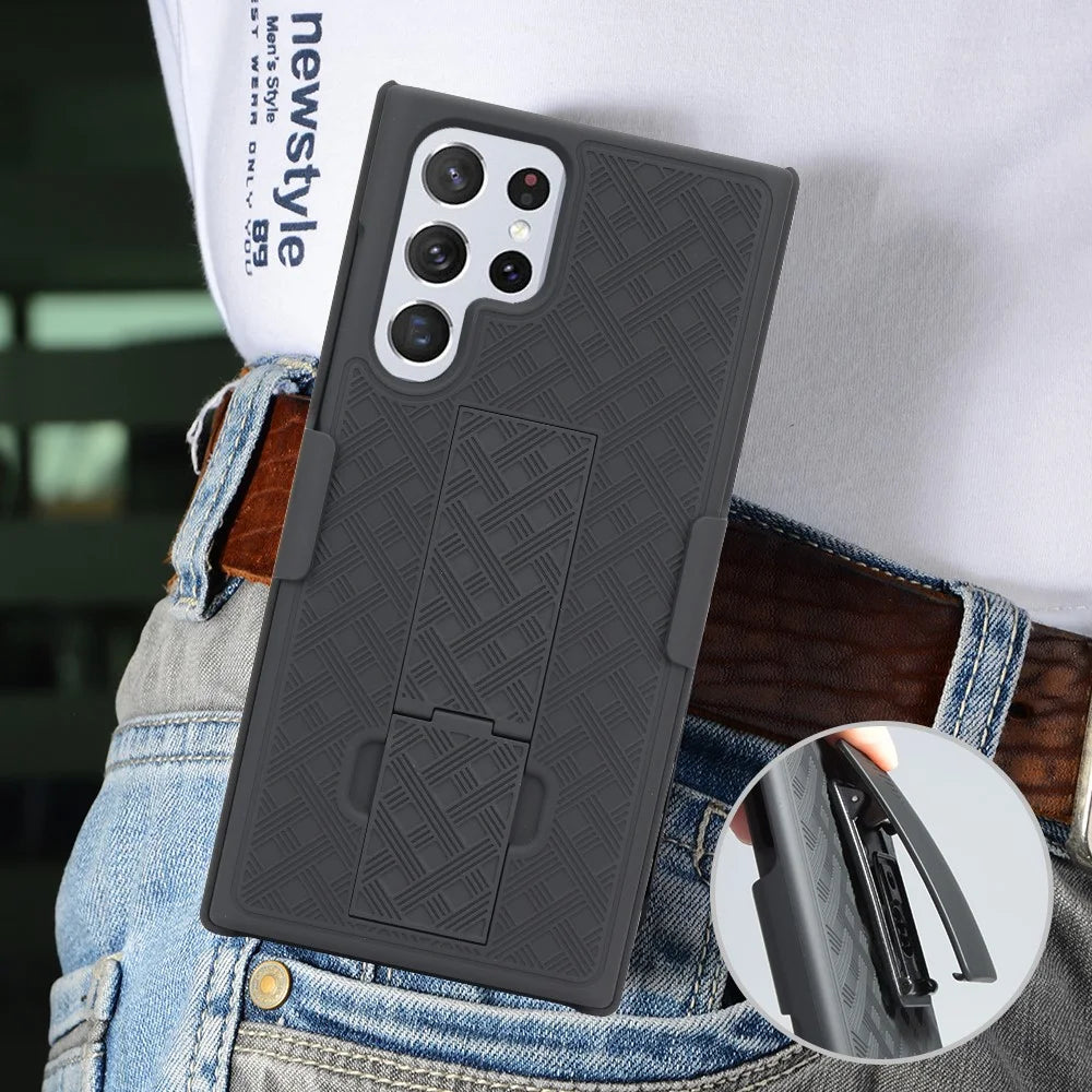 Woven Texture Belt Clip Kickstand Phone Case for Samsung Galaxy S22 Ultra 5G, PC + TPU Hybrid Shell with Sliding Cover - 6
