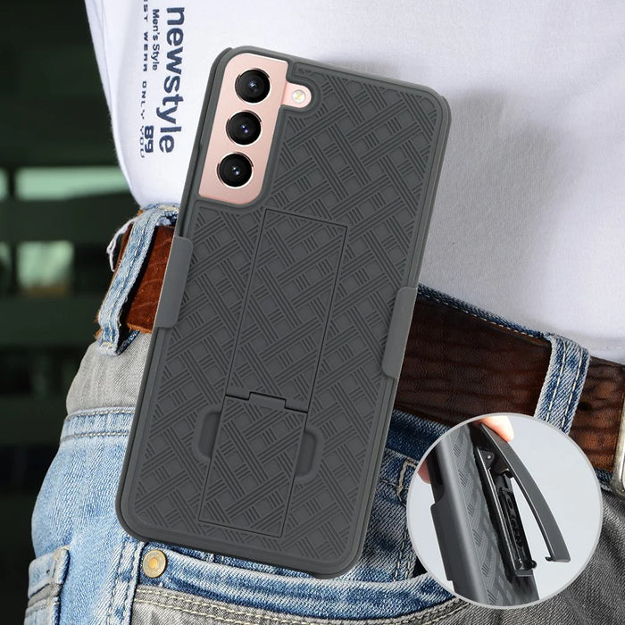 For Samsung Galaxy S22+ 5G Sliding Cover Design PC + TPU Phone Case Woven Texture Shell with Belt Clip and Kickstand - 5