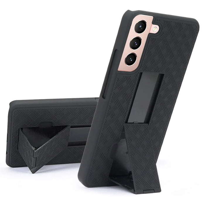 Screen Sliding Cover Phone Case for Samsung Galaxy S22 5G, Woven Texture PC + TPU Rotary Clip Kickstand Phone Shell - 1