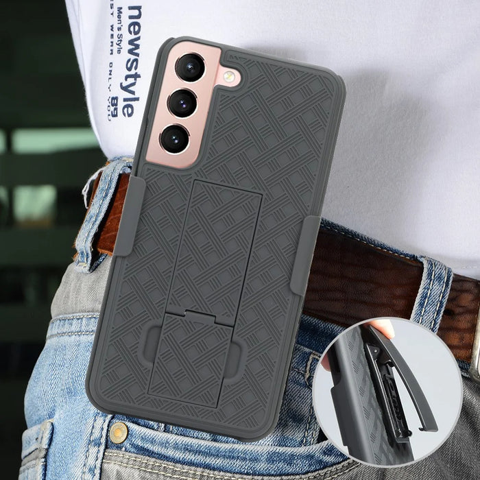 Screen Sliding Cover Phone Case for Samsung Galaxy S22 5G, Woven Texture PC + TPU Rotary Clip Kickstand Phone Shell - 4