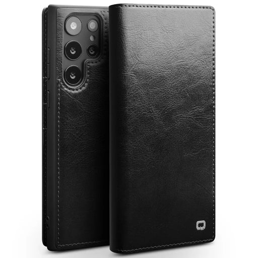 QIALINO for Samsung Galaxy S22 Ultra 5G Folio Flip Wallet Stand Design Shockproof Genuine Leather Cell Phone Case - Black - 1