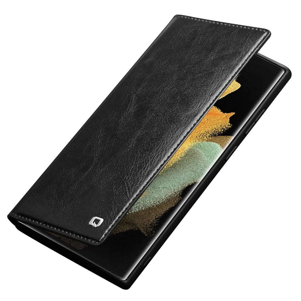 QIALINO for Samsung Galaxy S22 Ultra 5G Folio Flip Wallet Stand Design Shockproof Genuine Leather Cell Phone Case - Black - 6
