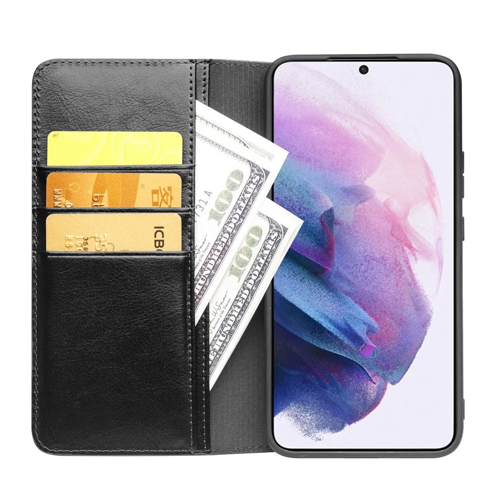 QIALINO for Samsung Galaxy S22+ 5G Folio Flip Stand Design Anti-Fall Genuine Leather Mobile Phone Case with Wallet - Black - 3