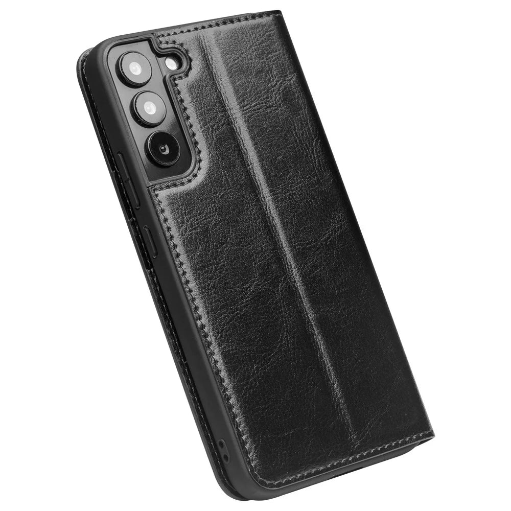 QIALINO for Samsung Galaxy S22+ 5G Folio Flip Stand Design Anti-Fall Genuine Leather Mobile Phone Case with Wallet - Black - 6