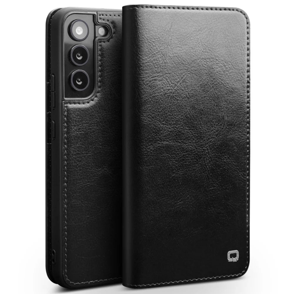 QIALINO for Samsung Galaxy S22 5G Well-Protected Anti-Fall Folio Flip Wallet Design Genuine Leather Cell Phone Case - Black - 1