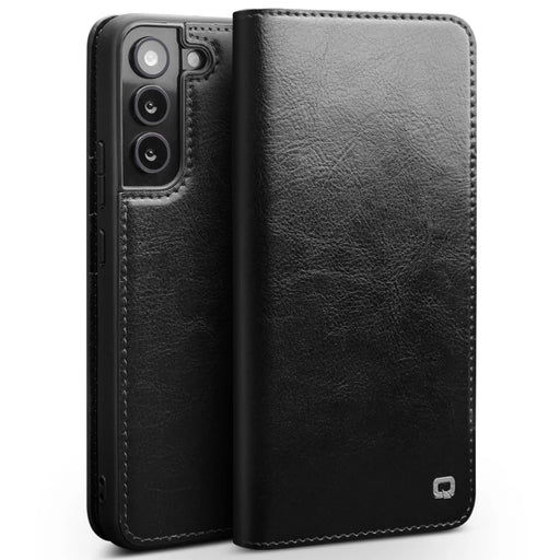 QIALINO for Samsung Galaxy S22 5G Well-Protected Anti-Fall Folio Flip Wallet Design Genuine Leather Cell Phone Case - Black - 1