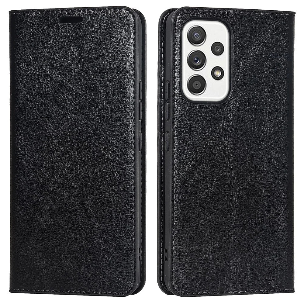 For Samsung Galaxy A33 5G Magnetic Auto Closing Crazy Horse Texture Genuine Leather Cover Drop-proof Protection Stand Flip Wallet Case - Black - 1