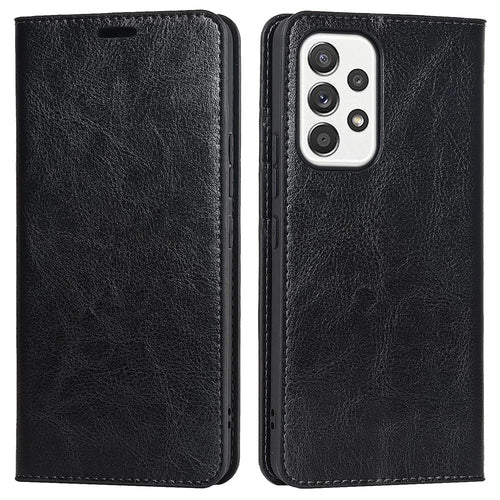 For Samsung Galaxy A33 5G Magnetic Auto Closing Crazy Horse Texture Genuine Leather Cover Drop-proof Protection Stand Flip Wallet Case - Black - 1