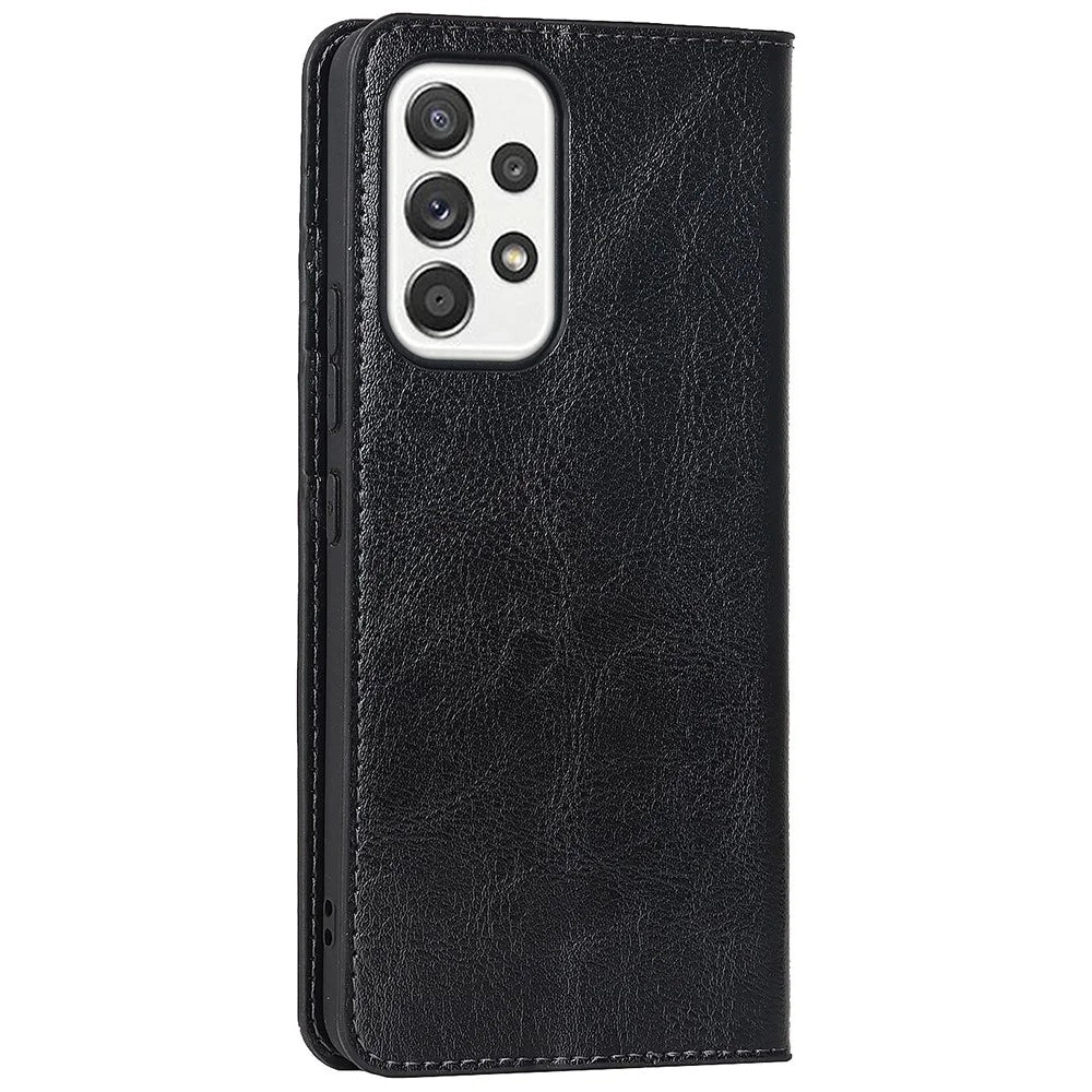 For Samsung Galaxy A33 5G Magnetic Auto Closing Crazy Horse Texture Genuine Leather Cover Drop-proof Protection Stand Flip Wallet Case - Black - 3