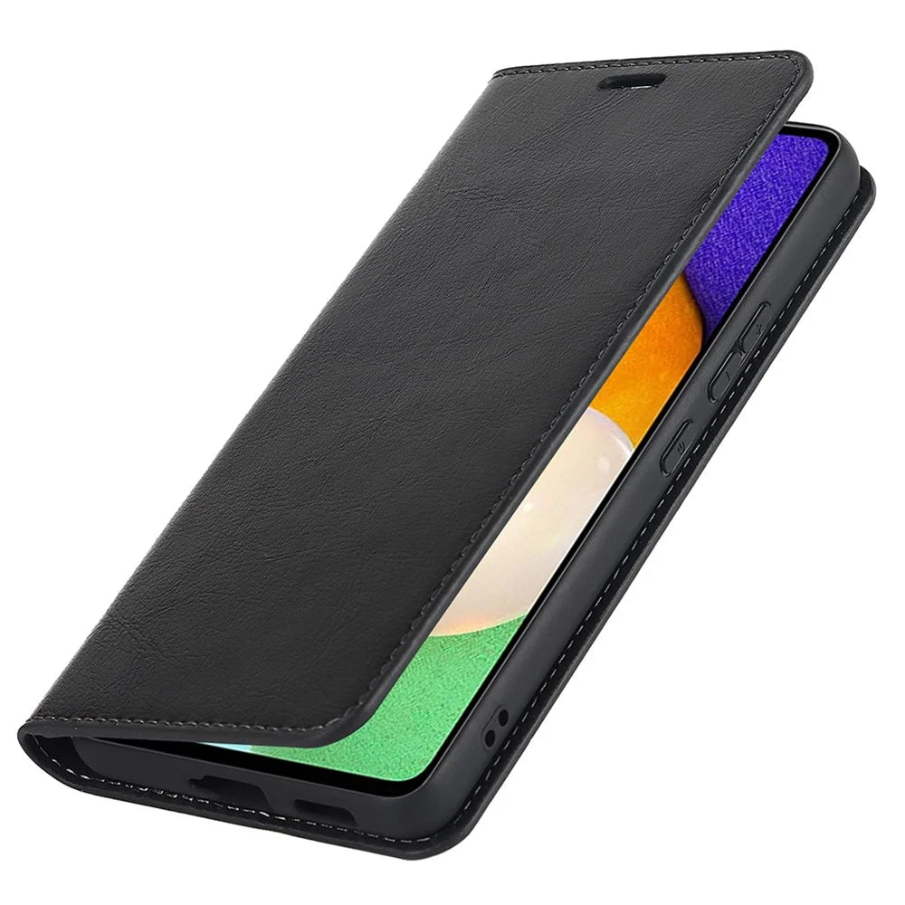 For Samsung Galaxy A33 5G Magnetic Auto Closing Crazy Horse Texture Genuine Leather Cover Drop-proof Protection Stand Flip Wallet Case - Black - 7