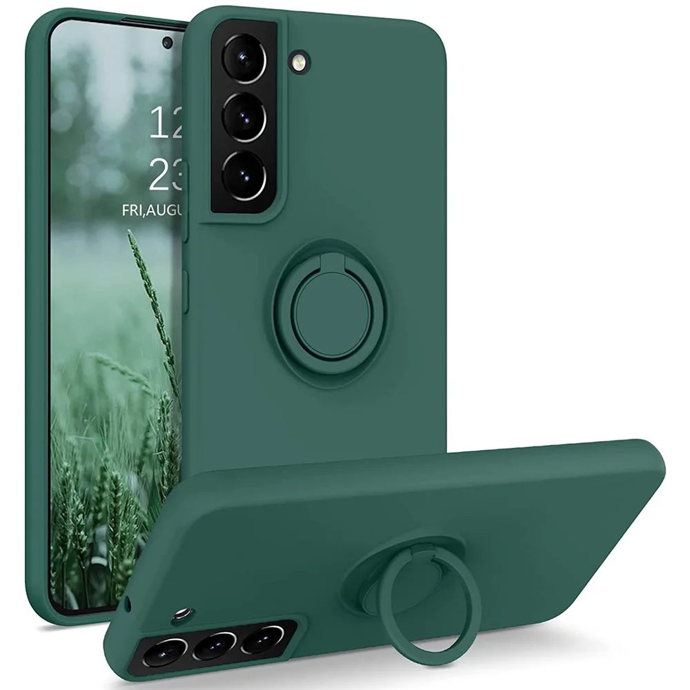 For Samsung Galaxy S22+ 5G Finger Ring Kickstand Design Built-in Metal Sheet Liquid Silicone Cell Phone Case Shell - Blackish Green - 1