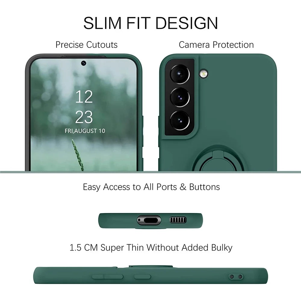 For Samsung Galaxy S22+ 5G Finger Ring Kickstand Design Built-in Metal Sheet Liquid Silicone Cell Phone Case Shell - Blackish Green - 2