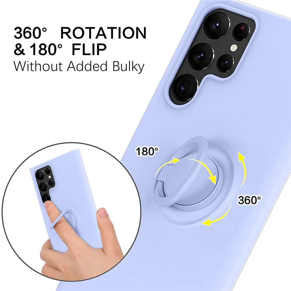 For Samsung Galaxy S22 Ultra 5G Finger Ring Kickstand Design Anti-scratch Solid Color Liquid Silicone Cell Phone Case Cover - Purple - 3