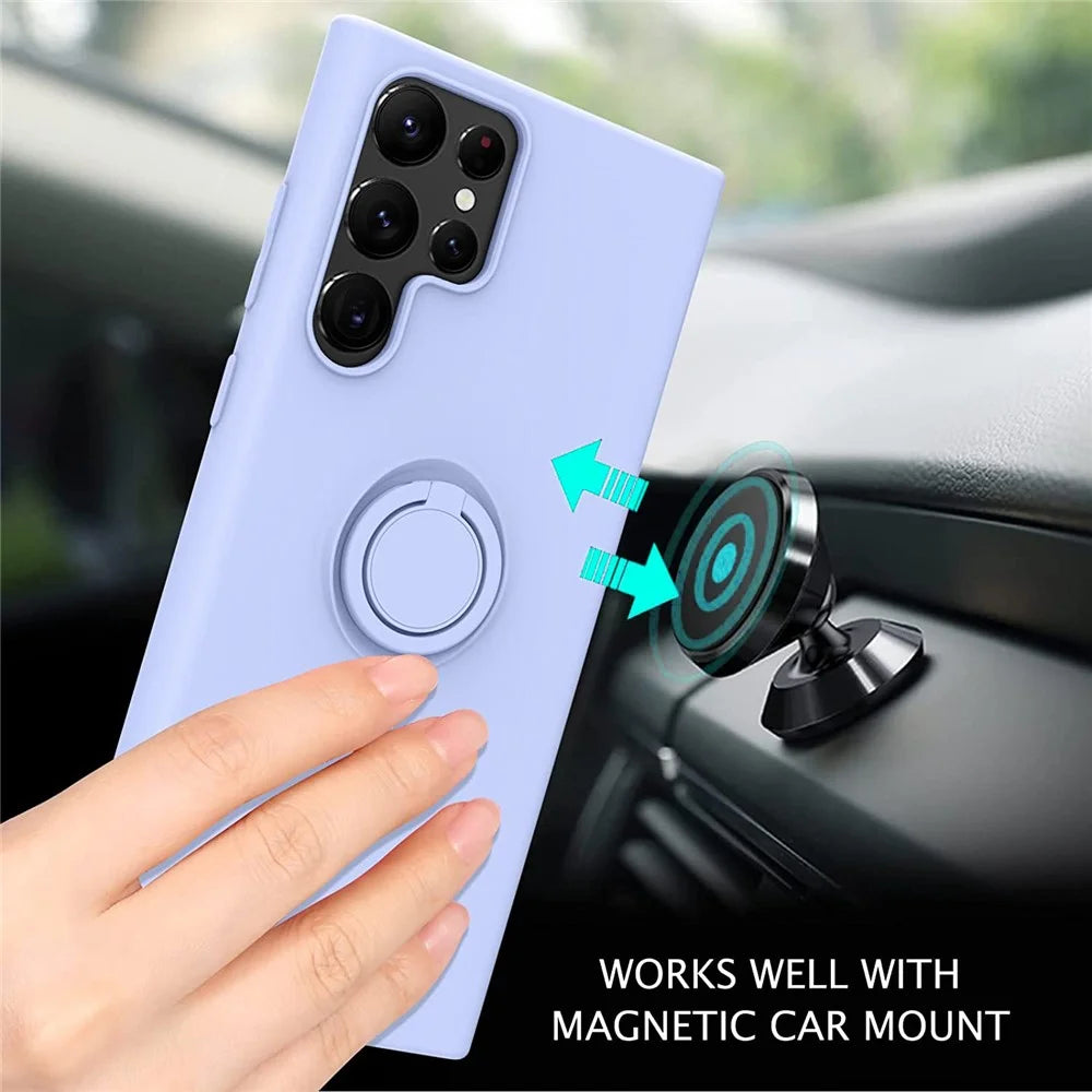 For Samsung Galaxy S22 Ultra 5G Finger Ring Kickstand Design Anti-scratch Solid Color Liquid Silicone Cell Phone Case Cover - Purple - 4
