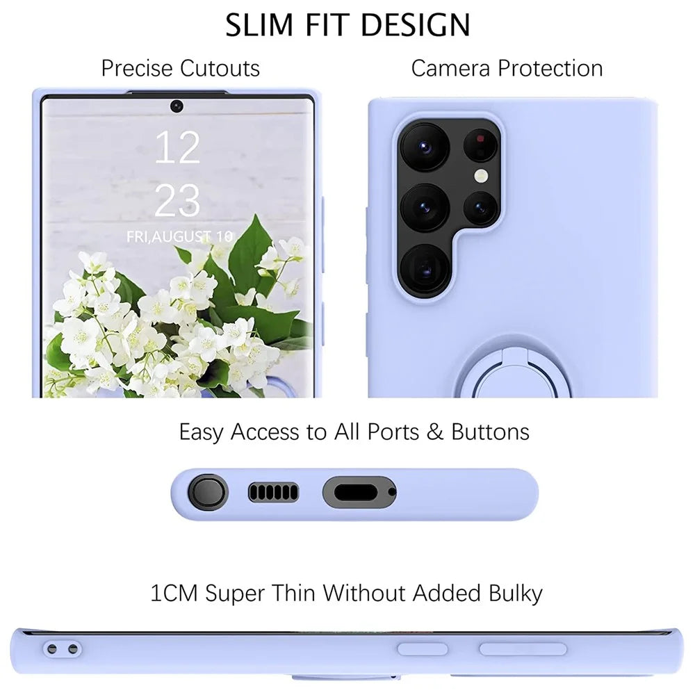 For Samsung Galaxy S22 Ultra 5G Finger Ring Kickstand Design Anti-scratch Solid Color Liquid Silicone Cell Phone Case Cover - Purple - 5