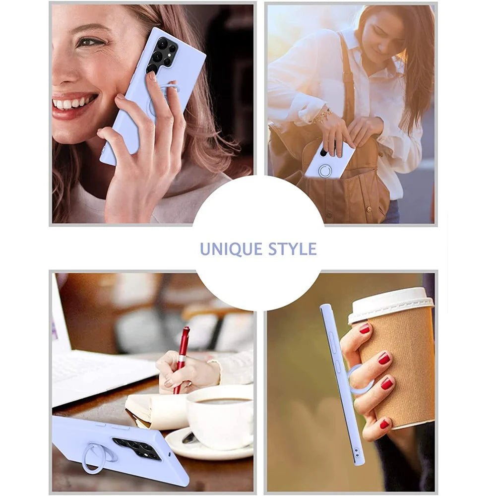 For Samsung Galaxy S22 Ultra 5G Finger Ring Kickstand Design Anti-scratch Solid Color Liquid Silicone Cell Phone Case Cover - Purple - 7