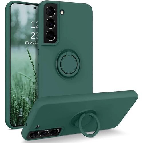 For Samsung Galaxy S22 5G Scratch-resistant Solid Color Finger Ring Kickstand Design Liquid Silicone Protective Phone Case Cover - Blackish Green - 1