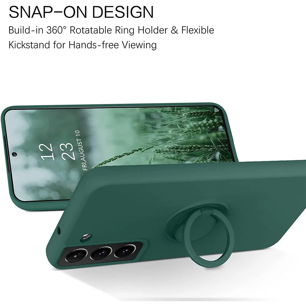 For Samsung Galaxy S22 5G Scratch-resistant Solid Color Finger Ring Kickstand Design Liquid Silicone Protective Phone Case Cover - Blackish Green - 4