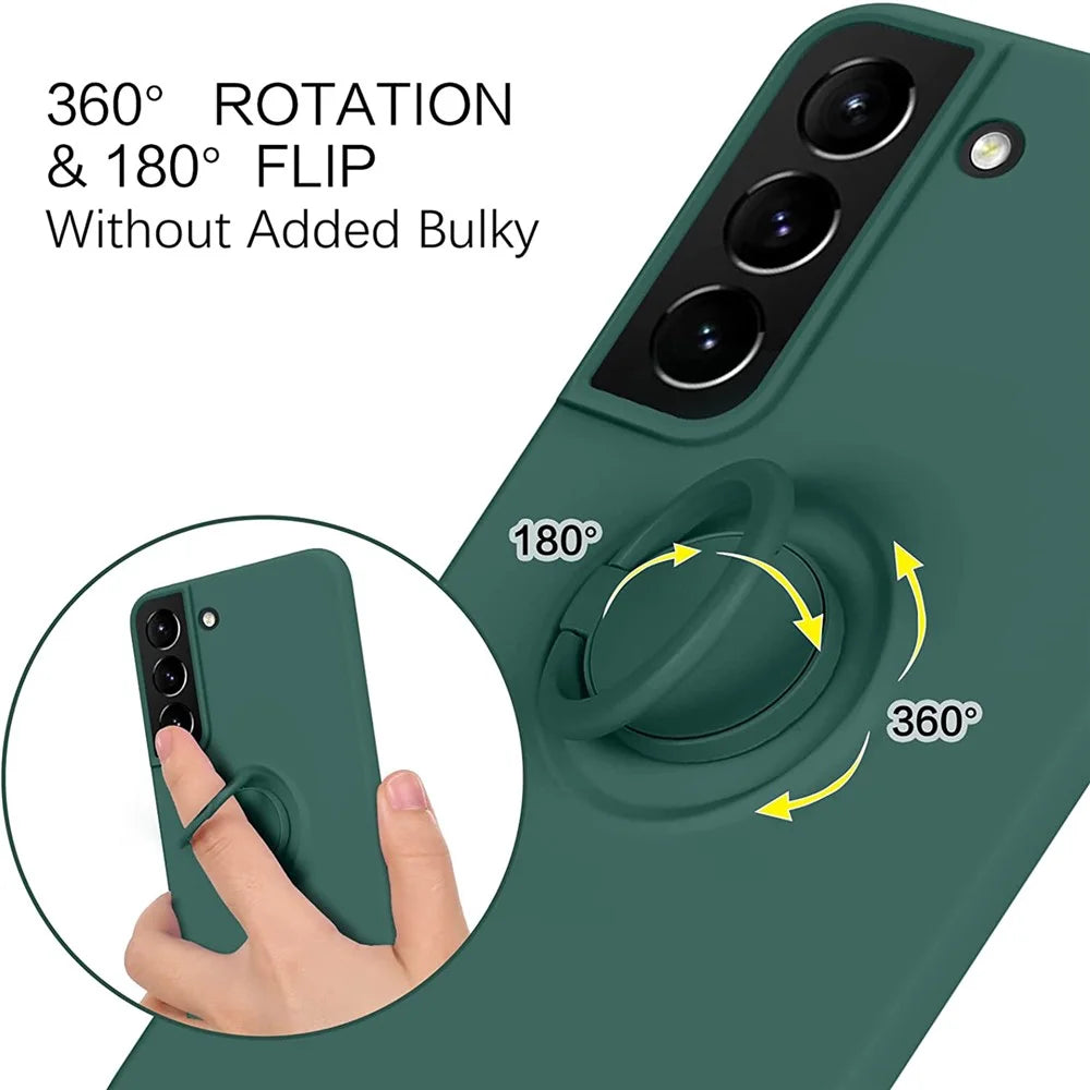 For Samsung Galaxy S22 5G Scratch-resistant Solid Color Finger Ring Kickstand Design Liquid Silicone Protective Phone Case Cover - Blackish Green - 5