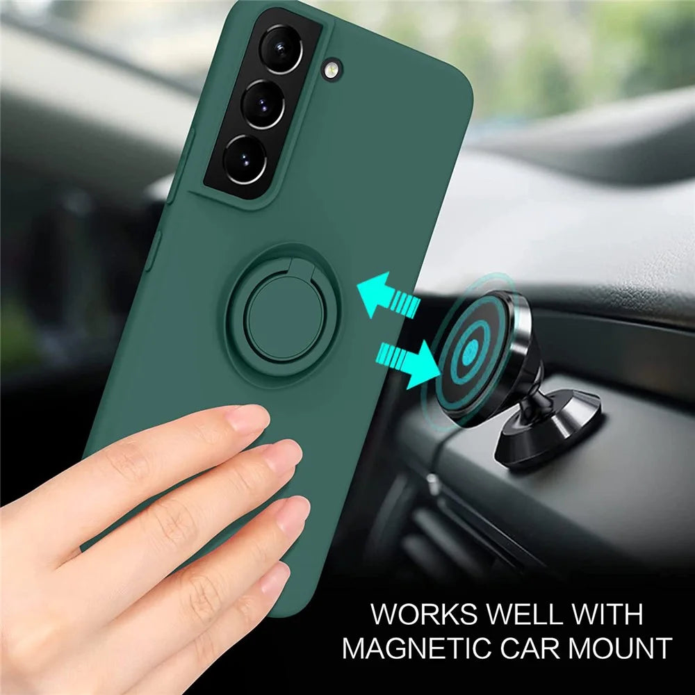For Samsung Galaxy S22 5G Scratch-resistant Solid Color Finger Ring Kickstand Design Liquid Silicone Protective Phone Case Cover - Blackish Green - 6