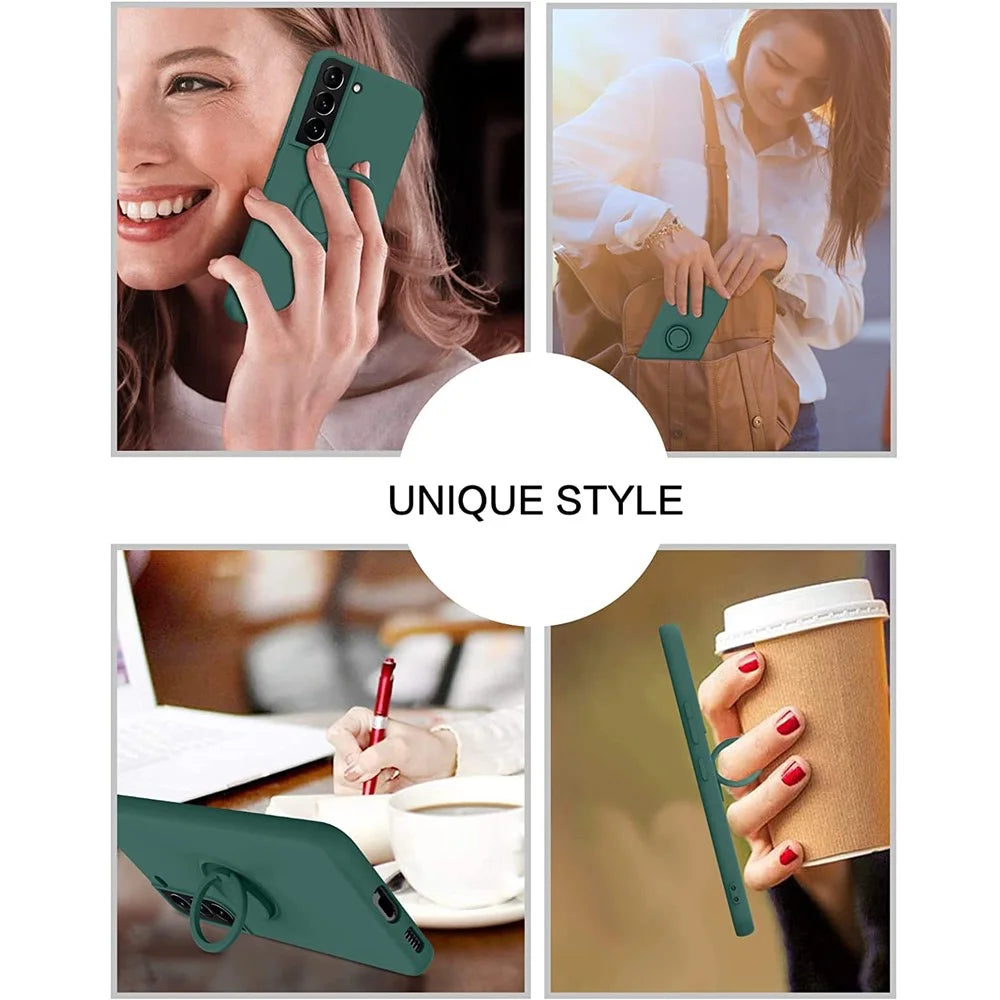 For Samsung Galaxy S22 5G Scratch-resistant Solid Color Finger Ring Kickstand Design Liquid Silicone Protective Phone Case Cover - Blackish Green - 7