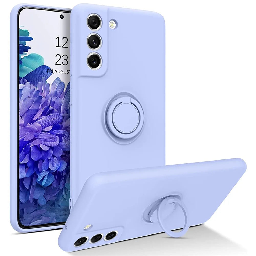 For Samsung Galaxy S21 FE 5G Built-in Metal Sheet Finger Ring Kickstand Design Liquid Silicone Phone Case Protector - Purple - 1