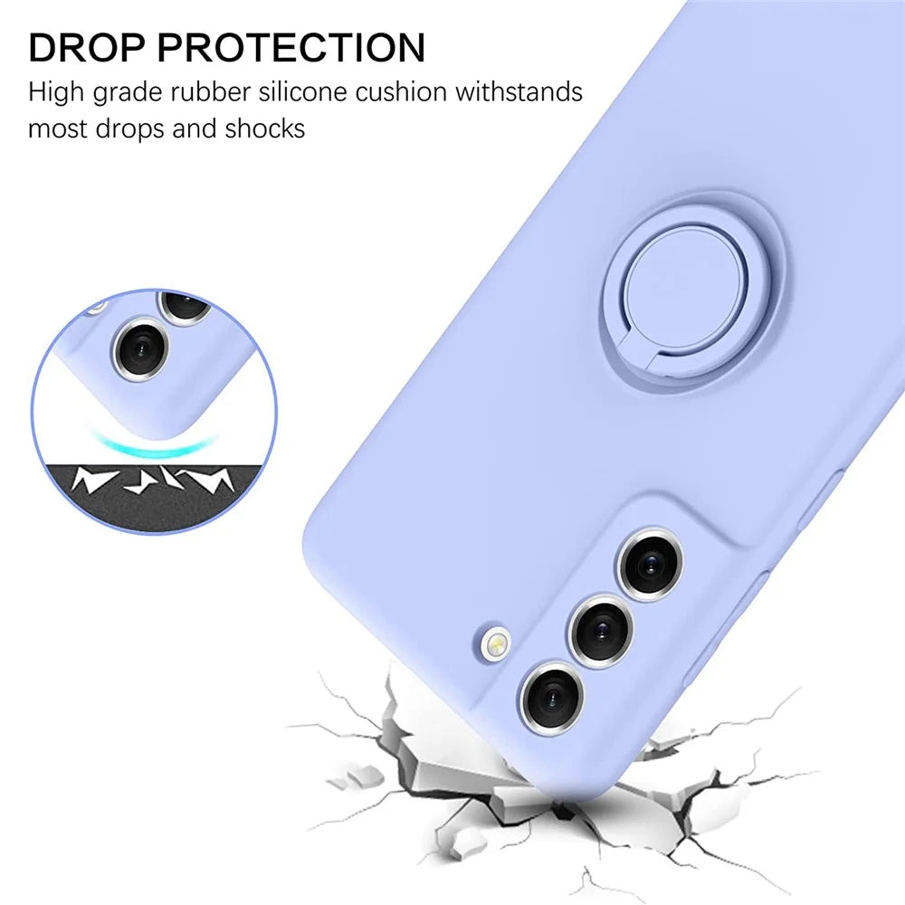 For Samsung Galaxy S21 FE 5G Built-in Metal Sheet Finger Ring Kickstand Design Liquid Silicone Phone Case Protector - Purple - 2